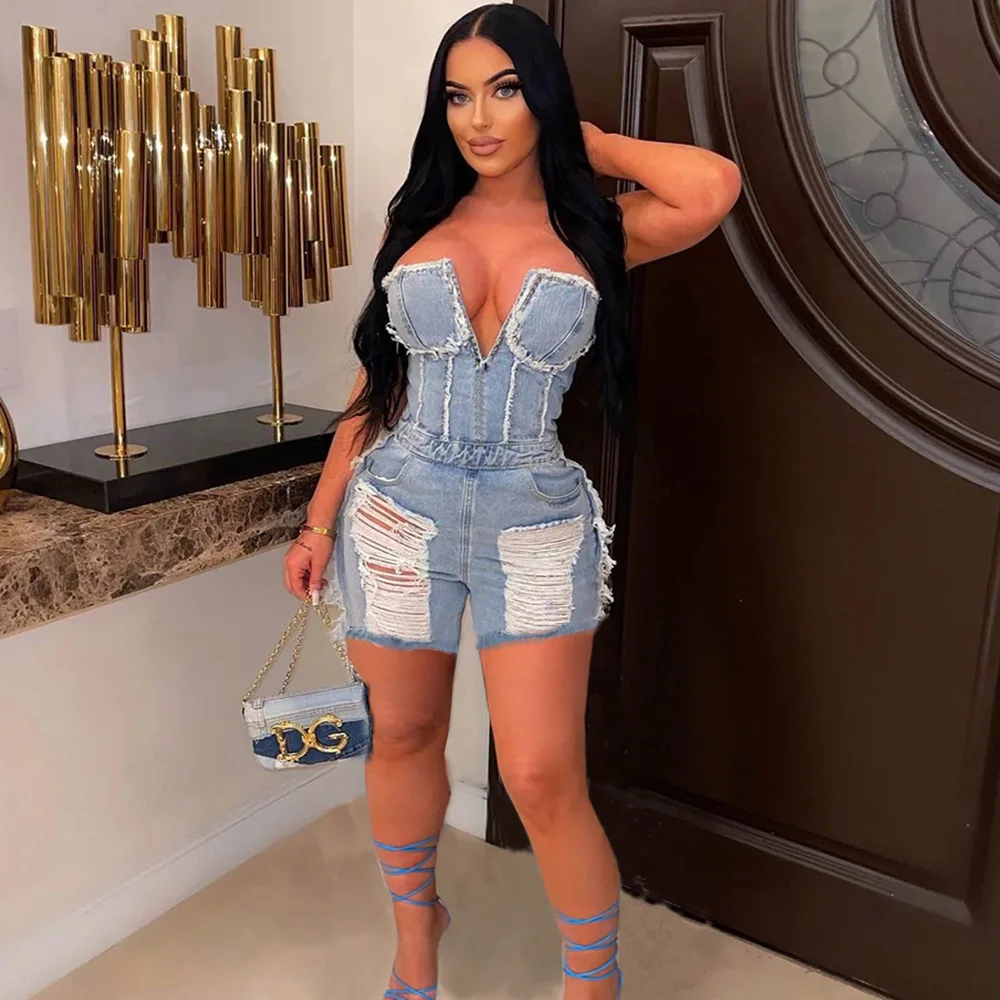 Fashion Ripped Hollow Out Denim Jumpsuit Casual Sleeveless Bodycon Short Women Playsuits Summer Clothings Streetwear Rompers
Fashion Ripped Hollow Out Denim Jumpsuit Casual Sleeveless Bodycon Short Women Playsuits Summer Clothings Streetwear Rompers