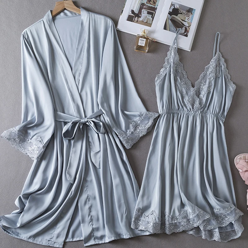 Sexy Lace Trim Suspender Nightgown Twinset Robe Set New Female Sleepwear Lingerie Summer Loose Satin Bathrobe Gown Home Dress
Sexy Lace Trim Suspender Nightgown Twinset Robe Set New Female Sleepwear Lingerie Summer Loose Satin Bathrobe Gown Home Dress