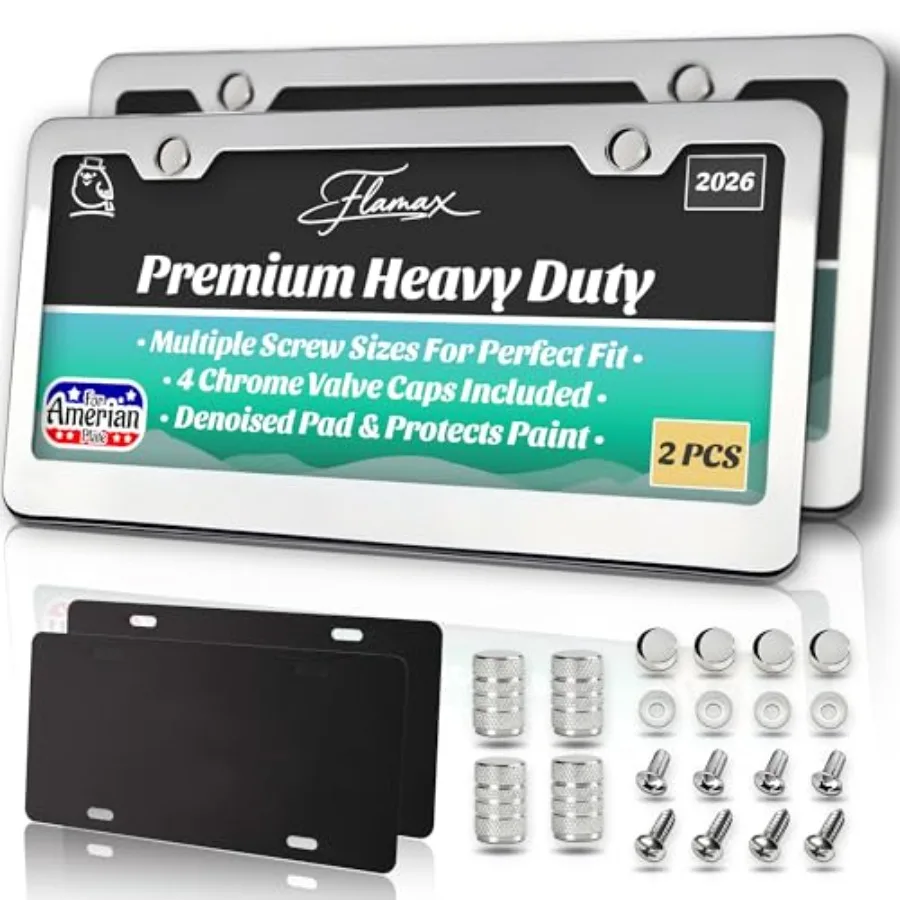 Premium Chrome License Plate Frames with 2 Anti-Scratch Pads and 4 Tire Valve Caps, Heavy Duty Rust-Free Chrome License Plate F
Premium Chrome License Plate Frames with 2 Anti-Scratch Pads and 4 Tire Valve Caps, Heavy Duty Rust-Free Chrome License Plate F