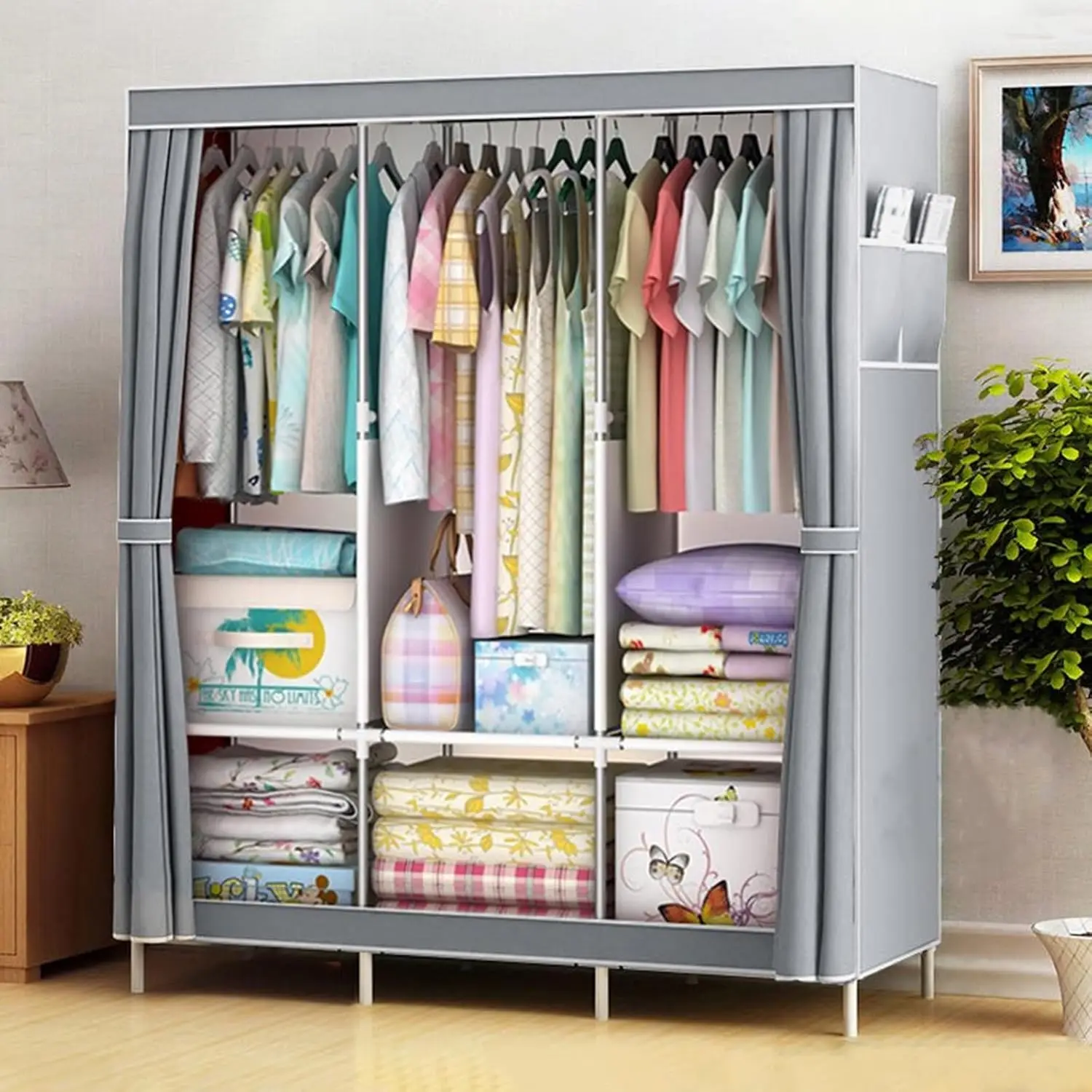 Portable Closet, Storage Organizer Wardrobe with Non-Woven Fabric Cover, with 3 Hanging Rods, 6 Storage Shelves and Side Pock
Portable Closet, Storage Organizer Wardrobe with Non-Woven Fabric Cover, with 3 Hanging Rods, 6 Storage Shelves and Side Pock