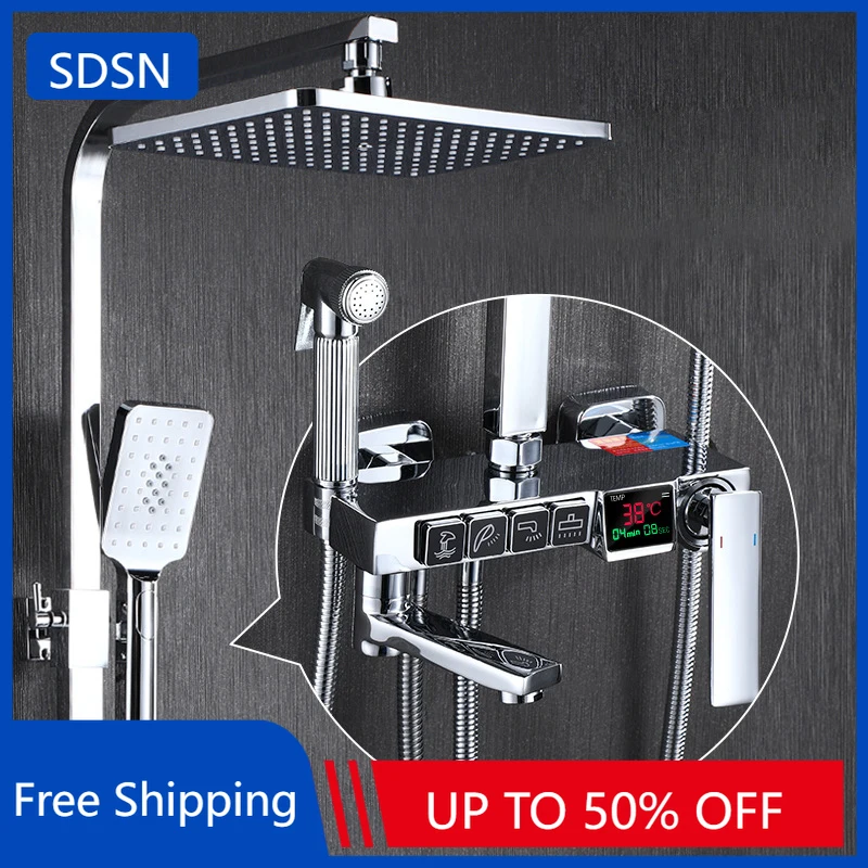 SDSN Chrome Digital Bathroom Shower Set Solid Brass Bathroom Faucet Accessories Wall Mounted Thermostatic Digital Shower System
SDSN Chrome Digital Bathroom Shower Set Solid Brass Bathroom Faucet Accessories Wall Mounted Thermostatic Digital Shower System