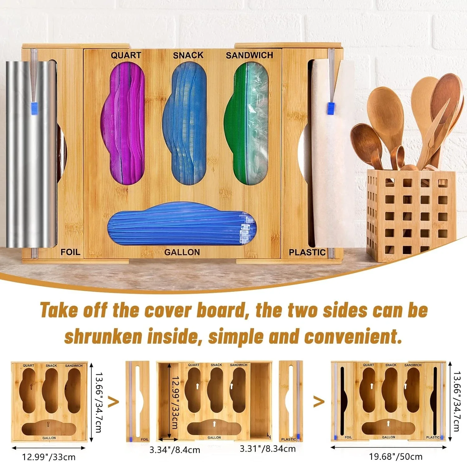 Bamboo Organizer for Kitchen,Plastic Wrap & Foil Dispenser with Cutter,Storage Holder for Sandwich Quart Bags,Wall Mount Drawer
Bamboo Organizer for Kitchen,Plastic Wrap & Foil Dispenser with Cutter,Storage Holder for Sandwich Quart Bags,Wall Mount Drawer