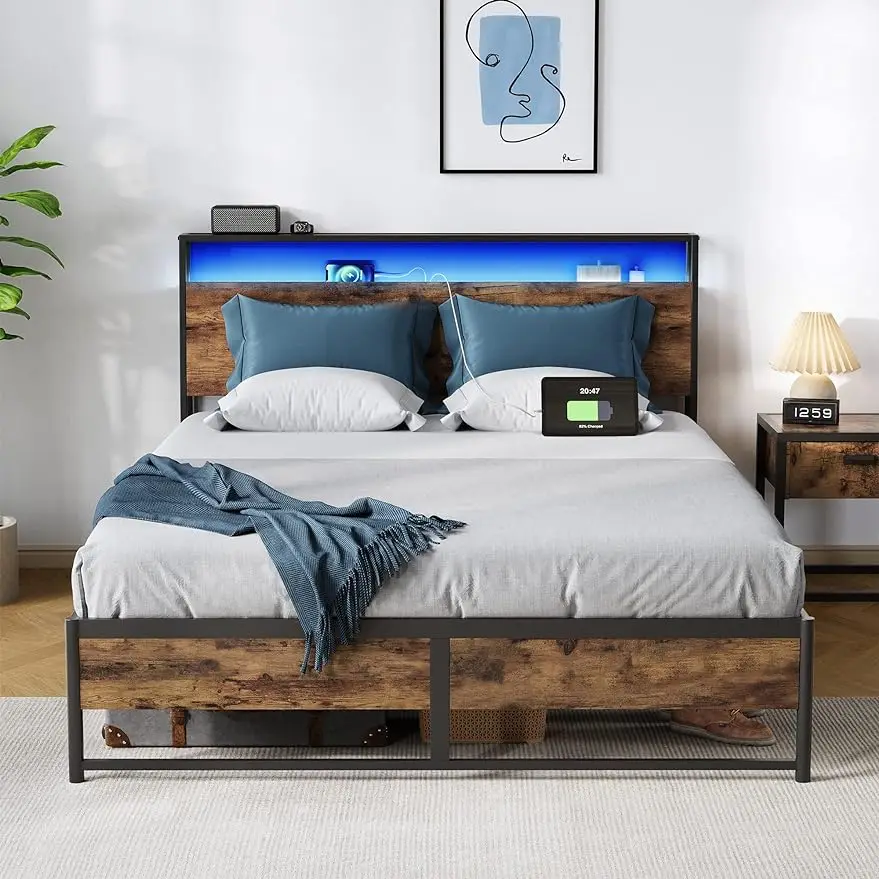 Queen Storage Bed Frame w/ Ergonomic Headboard, Fast Assembly Industrial Bed Frame with Lights & Charging Station, Rustic Brown
Queen Storage Bed Frame w/ Ergonomic Headboard, Fast Assembly Industrial Bed Frame with Lights & Charging Station, Rustic Brown