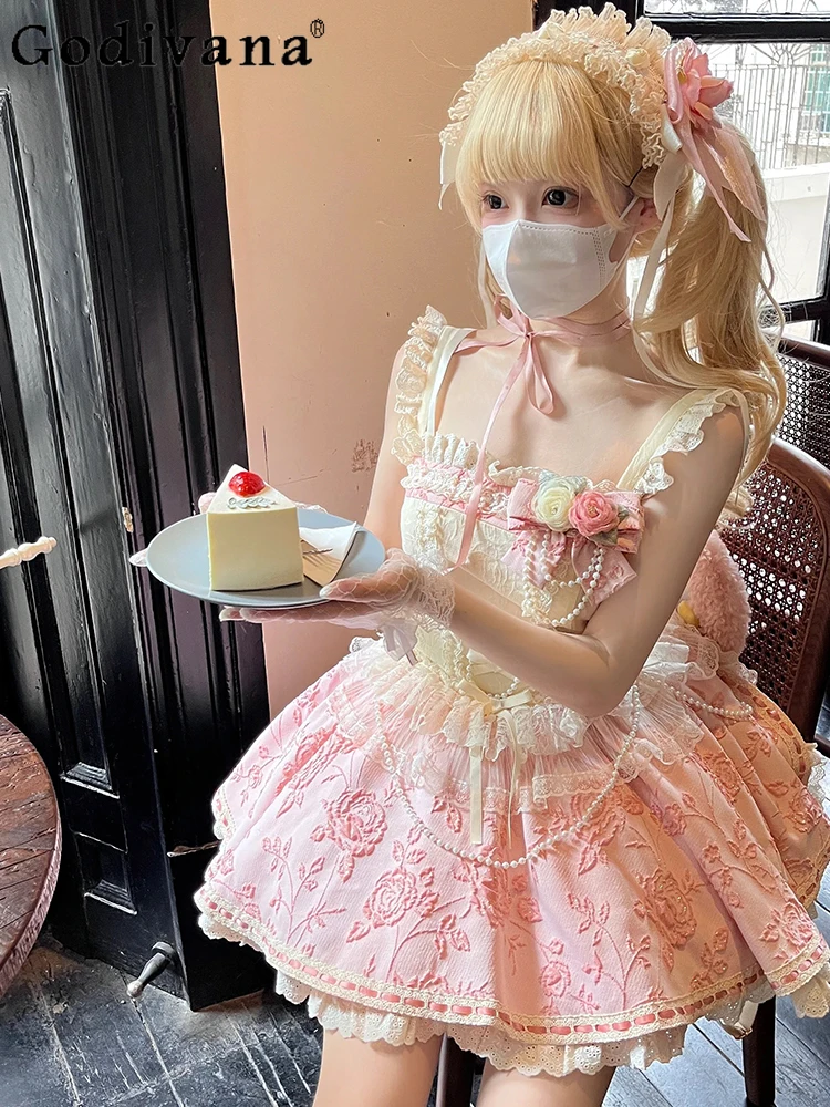 Sweet Lolita Suspender Dress Women's High Waist Slim Elegant Lace Splicing Jacquard Short Mini Dress Lady Cos Summer Dress
Sweet Lolita Suspender Dress Women's High Waist Slim Elegant Lace Splicing Jacquard Short Mini Dress Lady Cos Summer Dress