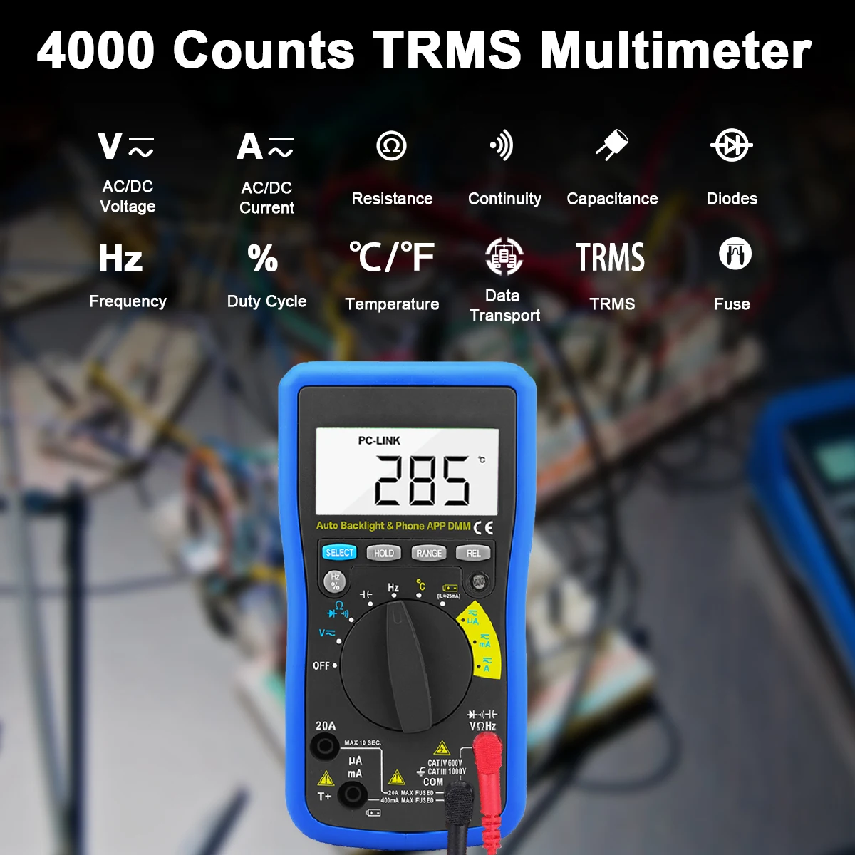 Digital Multimeter with Auto Range - 4000 Counts, Bluetooth Connectivity for AC/DC Voltage, Current, and Resistance Measurement
Digital Multimeter with Auto Range - 4000 Counts, Bluetooth Connectivity for AC/DC Voltage, Current, and Resistance Measurement