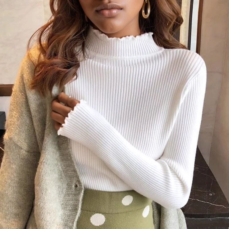 Autumn Half Turtleneck Pullover Sweater for Women Long Sleeve Ruffle Casual Knit Base Sweaters Tops Ladies Simple Bottom Clothes
Autumn Half Turtleneck Pullover Sweater for Women Long Sleeve Ruffle Casual Knit Base Sweaters Tops Ladies Simple Bottom Clothes