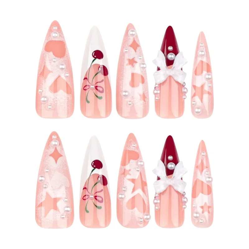 24Pcs Extra Long Stiletto Press On Nails, Nude with White French Tips & 3D Cherry, Bow & Pearl Fake Nails
24Pcs Extra Long Stiletto Press On Nails, Nude with White French Tips & 3D Cherry, Bow & Pearl Fake Nails