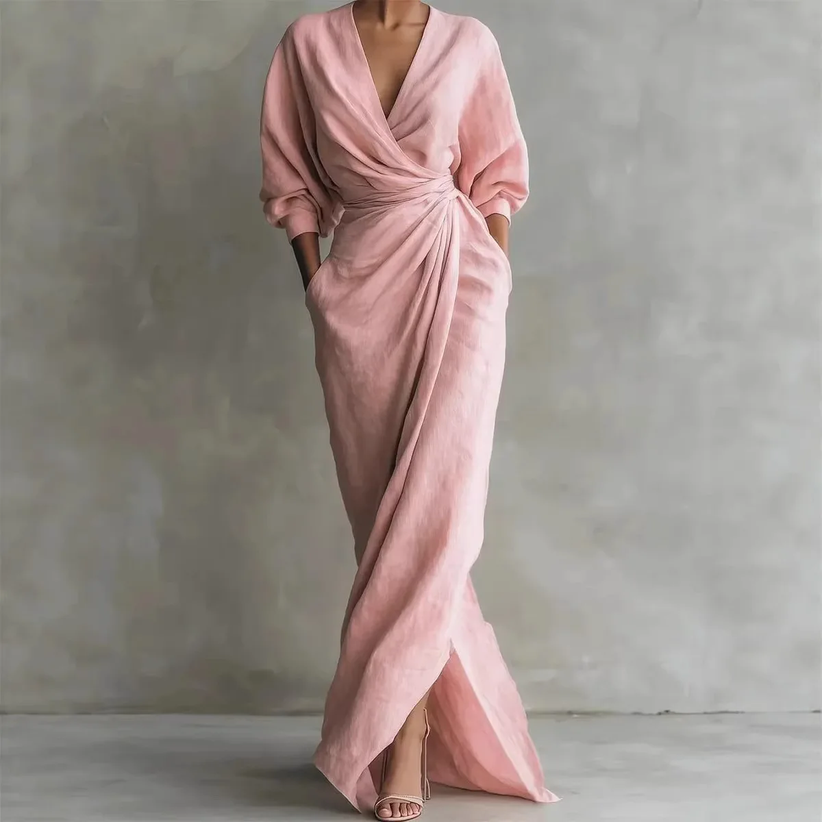 Vestidos De Mujer V-neck Long Sleeved Waist Cinched Slit Solid Color Pocket Dress For Women 2026 Summer New Commuting Long Dress
Vestidos De Mujer V-neck Long Sleeved Waist Cinched Slit Solid Color Pocket Dress For Women 2026 Summer New Commuting Long Dress
