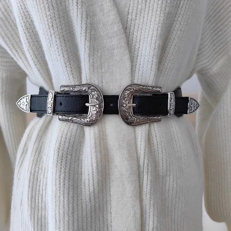 European And American Retro Carved Double Buckle Elastic Belt Punk Style Hot Girl Thin Waist Pu Leather Black Decorative Belt
European And American Retro Carved Double Buckle Elastic Belt Punk Style Hot Girl Thin Waist Pu Leather Black Decorative Belt