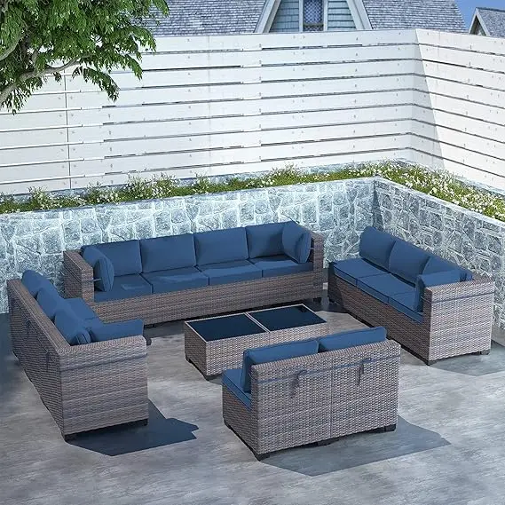 14-Piece Outdoor Patio Furniture Set - Wicker Conversation Set with 12 Replaceable Navy Waterproof Cushions and 2 Coffee Tables
14-Piece Outdoor Patio Furniture Set - Wicker Conversation Set with 12 Replaceable Navy Waterproof Cushions and 2 Coffee Tables