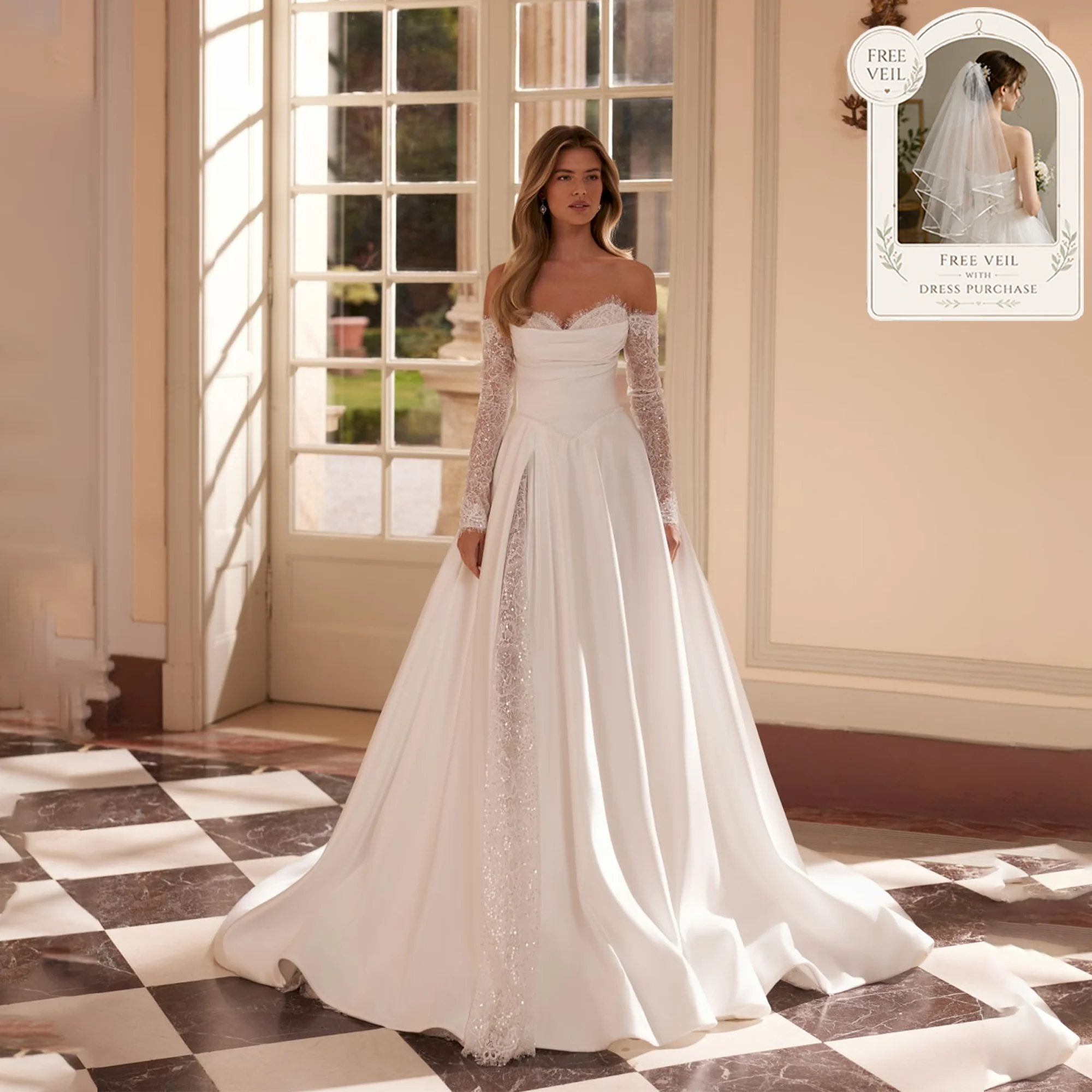 Off Shoulder Satin Wedding Dresses 2026 Detachable Sleeve Sweetheart Slit Bride Gowns A-Line Elegant Robe De Mariee Customized
Off Shoulder Satin Wedding Dresses 2026 Detachable Sleeve Sweetheart Slit Bride Gowns A-Line Elegant Robe De Mariee Customized