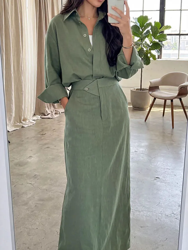 Casual Long Sleeve Button Lapel Shirt & Bodycon Skirt Oufits Spring Solid Cotton Linen Skirts Suit for Women Vintage Office Sets
Casual Long Sleeve Button Lapel Shirt & Bodycon Skirt Oufits Spring Solid Cotton Linen Skirts Suit for Women Vintage Office Sets