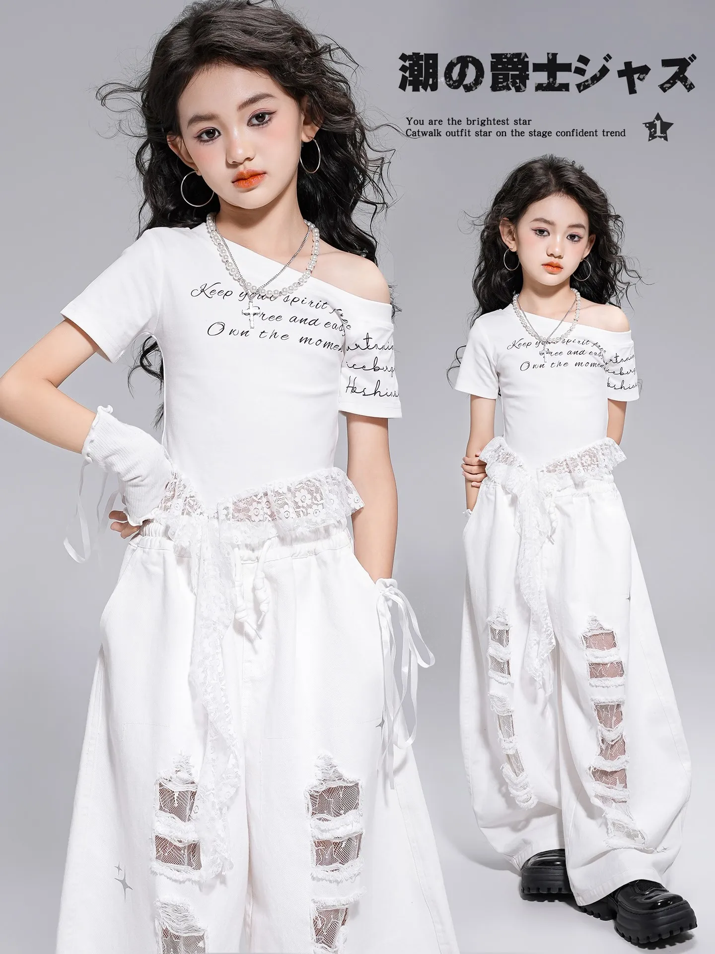 Girls Kpop Dance Jazz Dance Performance Clothes Hiphop Outfits White Sloping Shoulder Top Pants Street Dance Costumes DQL11068
Girls Kpop Dance Jazz Dance Performance Clothes Hiphop Outfits White Sloping Shoulder Top Pants Street Dance Costumes DQL11068