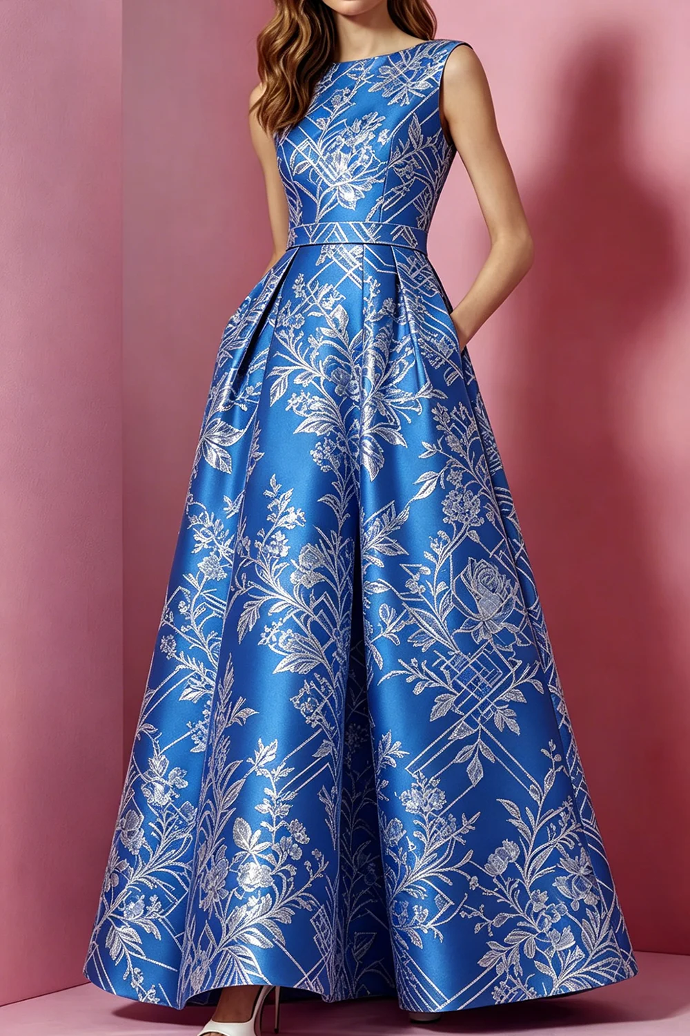 Women's Silver Floral Jacquard Print Dress Summer Slim Fit Sleeveless A Line Maxi Dress Elegant Wedding Guest Evening Outfit
Women's Silver Floral Jacquard Print Dress Summer Slim Fit Sleeveless A Line Maxi Dress Elegant Wedding Guest Evening Outfit