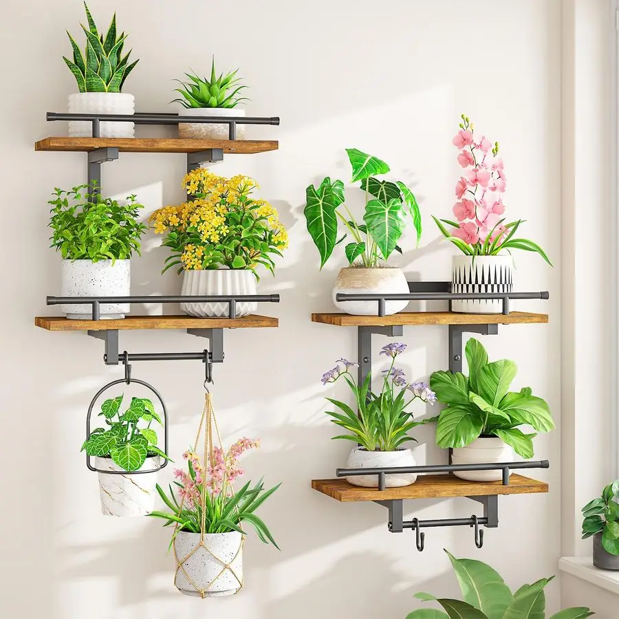 2 шт. настенных полок для растений с 4 крючками для дома, прочные металлические и деревянные 2-ярусные подставки для цветов на окно
2 шт. настенных полок для растений с 4 крючками для дома, прочные металлические и деревянные 2-ярусные подставки для цветов на окно