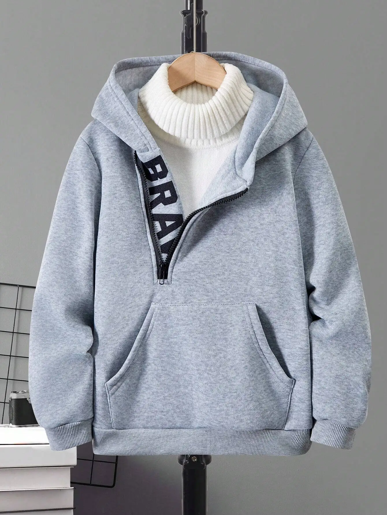 Unisex Kids Hooded Sweatshirt with Diagonal Zipper and Bold Letter Print for Fall Winter
Unisex Kids Hooded Sweatshirt with Diagonal Zipper and Bold Letter Print for Fall Winter