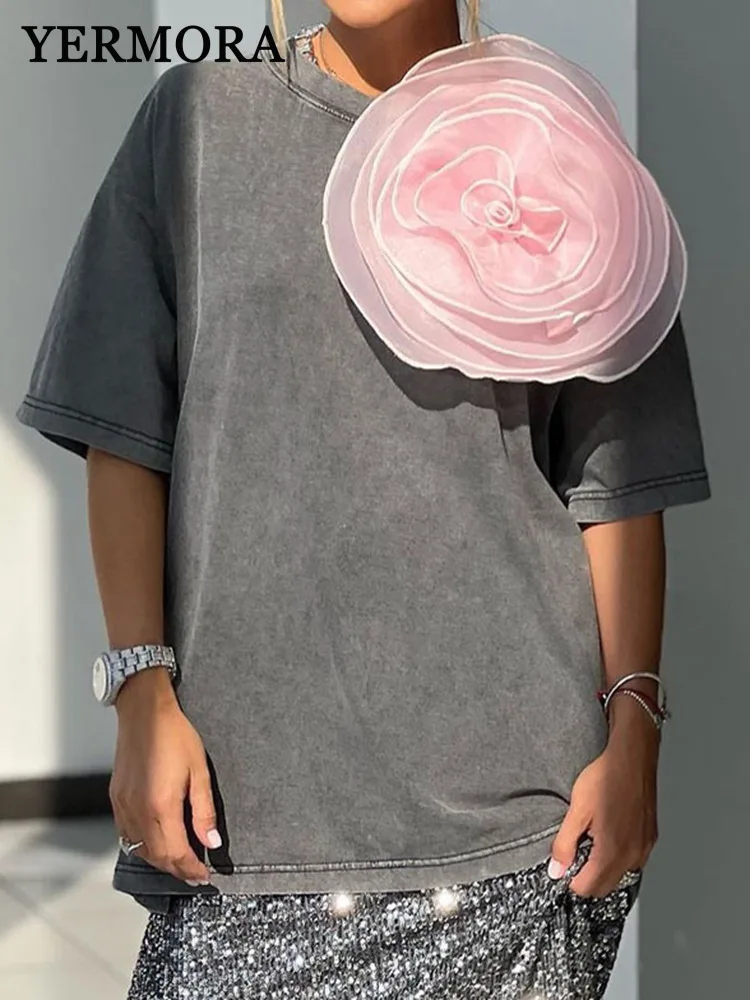 YERMORA Women Gray Big Flower Brief Casual T-shirt O-neck Short Sleeve Loose Fit New Tops Fashion Tide Spring Summer 2025
YERMORA Women Gray Big Flower Brief Casual T-shirt O-neck Short Sleeve Loose Fit New Tops Fashion Tide Spring Summer 2025