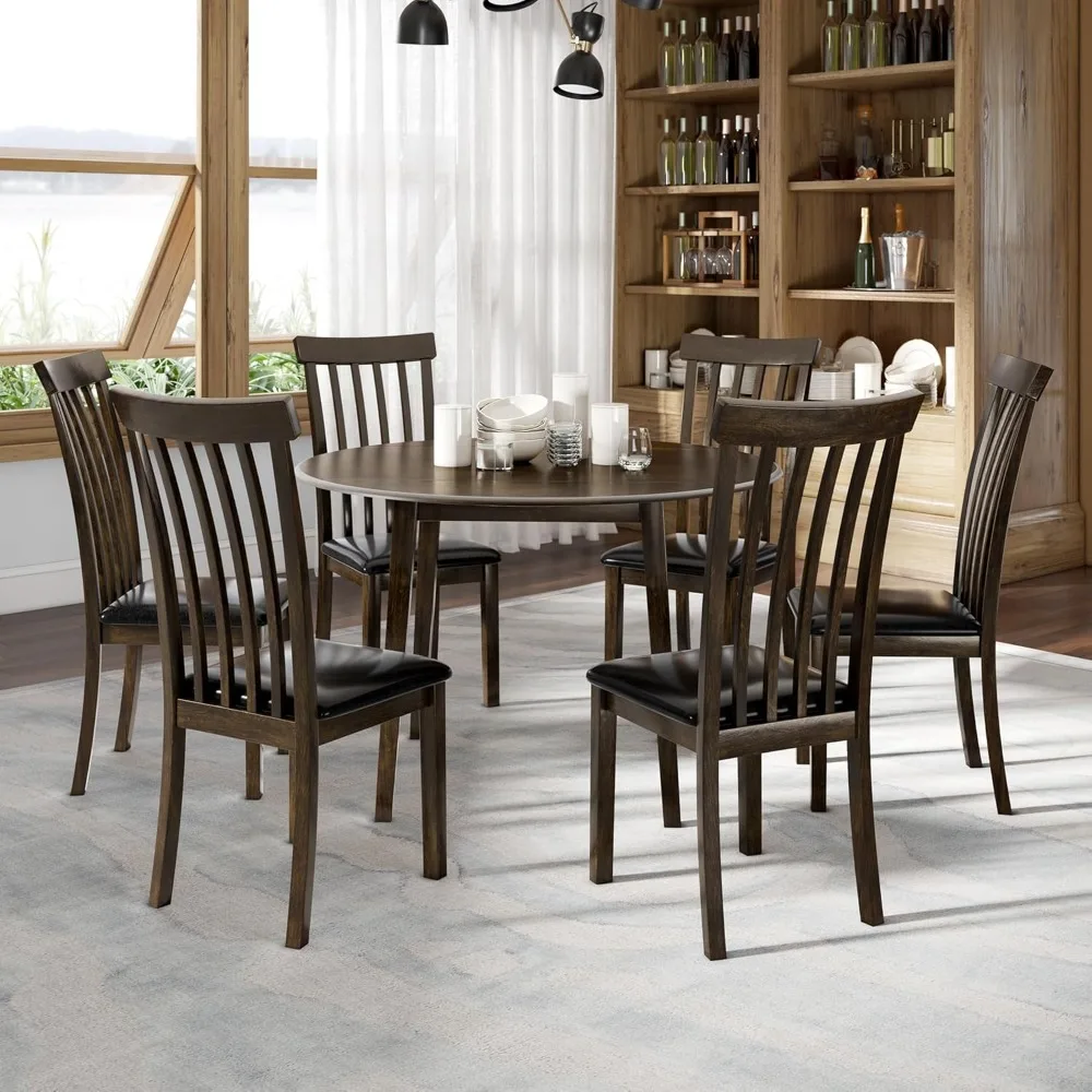 7-piece foldable dining table set in medieval solid wood, round dining table with butterfly leaves and 6 PU leather chairs
7-piece foldable dining table set in medieval solid wood, round dining table with butterfly leaves and 6 PU leather chairs