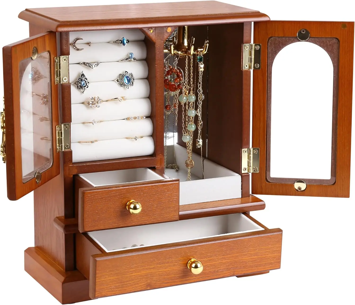 Шкатулка для украшений из массива дерева с зеркалом, 2 боковыми дверцами и выдвижными ящиками для колье, серег, колец — идеальный подарок для женщин
Шкатулка для украшений из массива дерева с зеркалом, 2 боковыми дверцами и выдвижными ящиками для колье, серег, колец — идеальный подарок для женщин