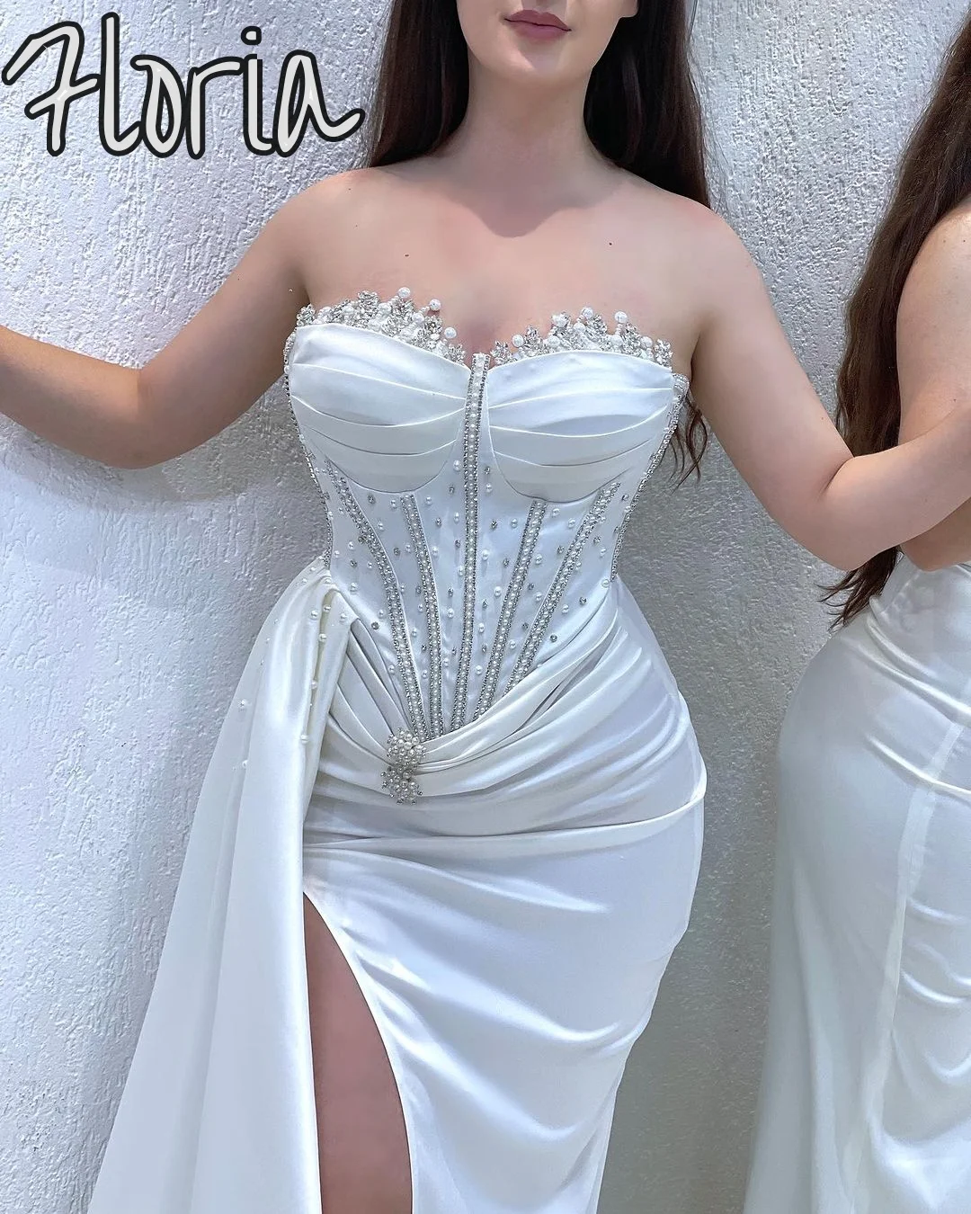 Sexy High Slit Corset Simple Party Gowns with Side Train Ivory Pearls Beaded Sweetheart Neck Long Satin Evening Dresses
Sexy High Slit Corset Simple Party Gowns with Side Train Ivory Pearls Beaded Sweetheart Neck Long Satin Evening Dresses