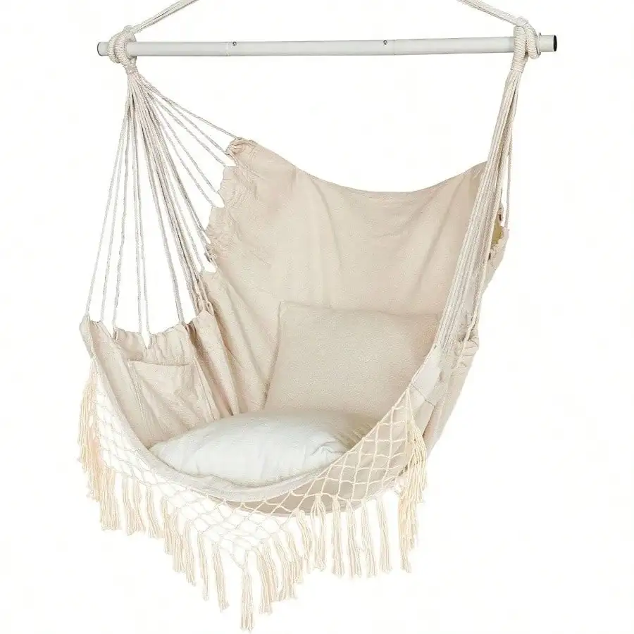 Chair, Hanging Rope Swing With 2 Cushions, Macrame Hanging Chair Side Pocket With High Load - Bearing Metal Rod, Indoor,
Chair, Hanging Rope Swing With 2 Cushions, Macrame Hanging Chair Side Pocket With High Load - Bearing Metal Rod, Indoor,