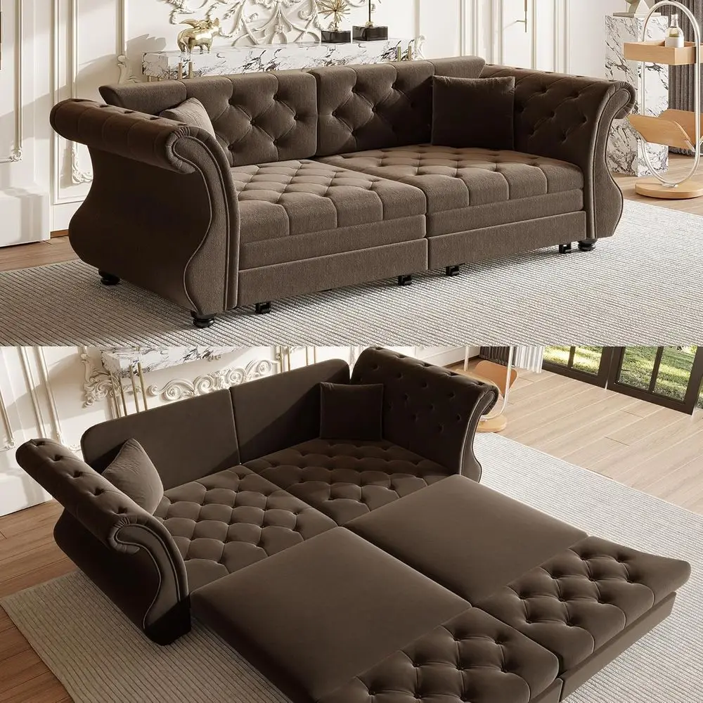 Queen Size Velvet Chesterfield Pull Out Sofa Bed, Convertible Couch with Loveseat, 2 Pillows, Brown
Queen Size Velvet Chesterfield Pull Out Sofa Bed, Convertible Couch with Loveseat, 2 Pillows, Brown