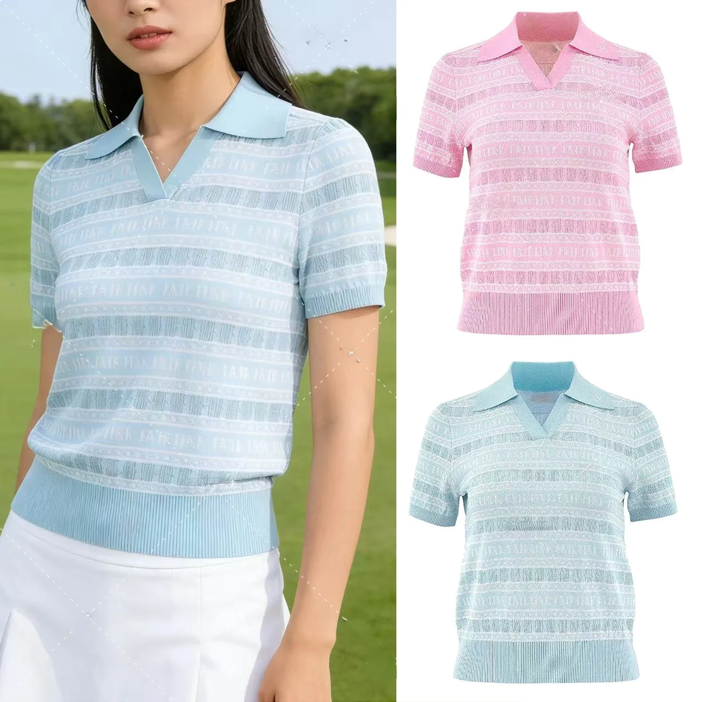 Women's Lightweight, Breathable, Striped, Collared Short-Sleeve Polo Shirt with Ice Silk Knit Fabric for Summer Golf Wear
Women's Lightweight, Breathable, Striped, Collared Short-Sleeve Polo Shirt with Ice Silk Knit Fabric for Summer Golf Wear
