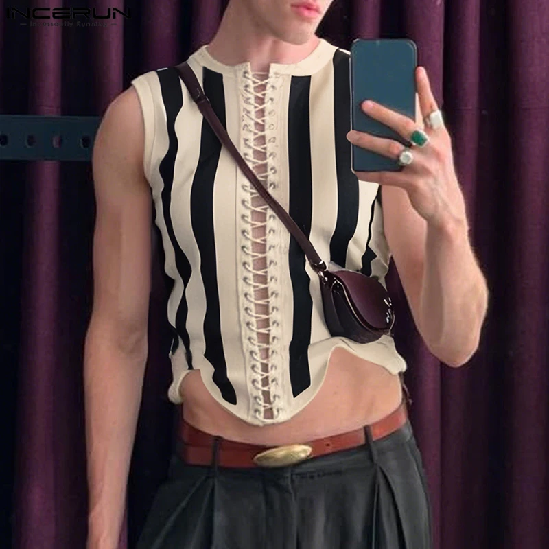 Мужские майки в полоску на шнуровке без рукавов, летние вязаные мужские жилеты, уличная одежда, сексуальные модные укороченные топы унисекс с вырезами INCERUN
Мужские майки в полоску на шнуровке без рукавов, летние вязаные мужские жилеты, уличная одежда, сексуальные модные укороченные топы унисекс с вырезами INCERUN