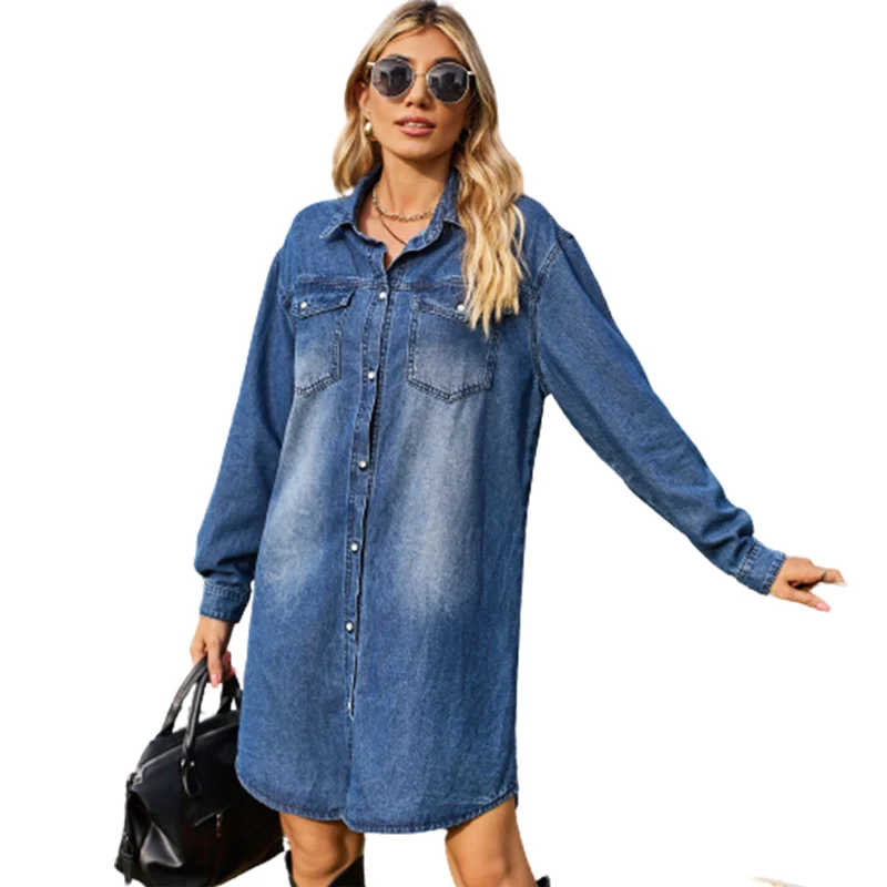 Vintage Single-breasted Cardigan Denim Dresses Women's Lapel Chest Splicing Double Pockets Dressy Female Loose Casual Short Gown
Vintage Single-breasted Cardigan Denim Dresses Women's Lapel Chest Splicing Double Pockets Dressy Female Loose Casual Short Gown