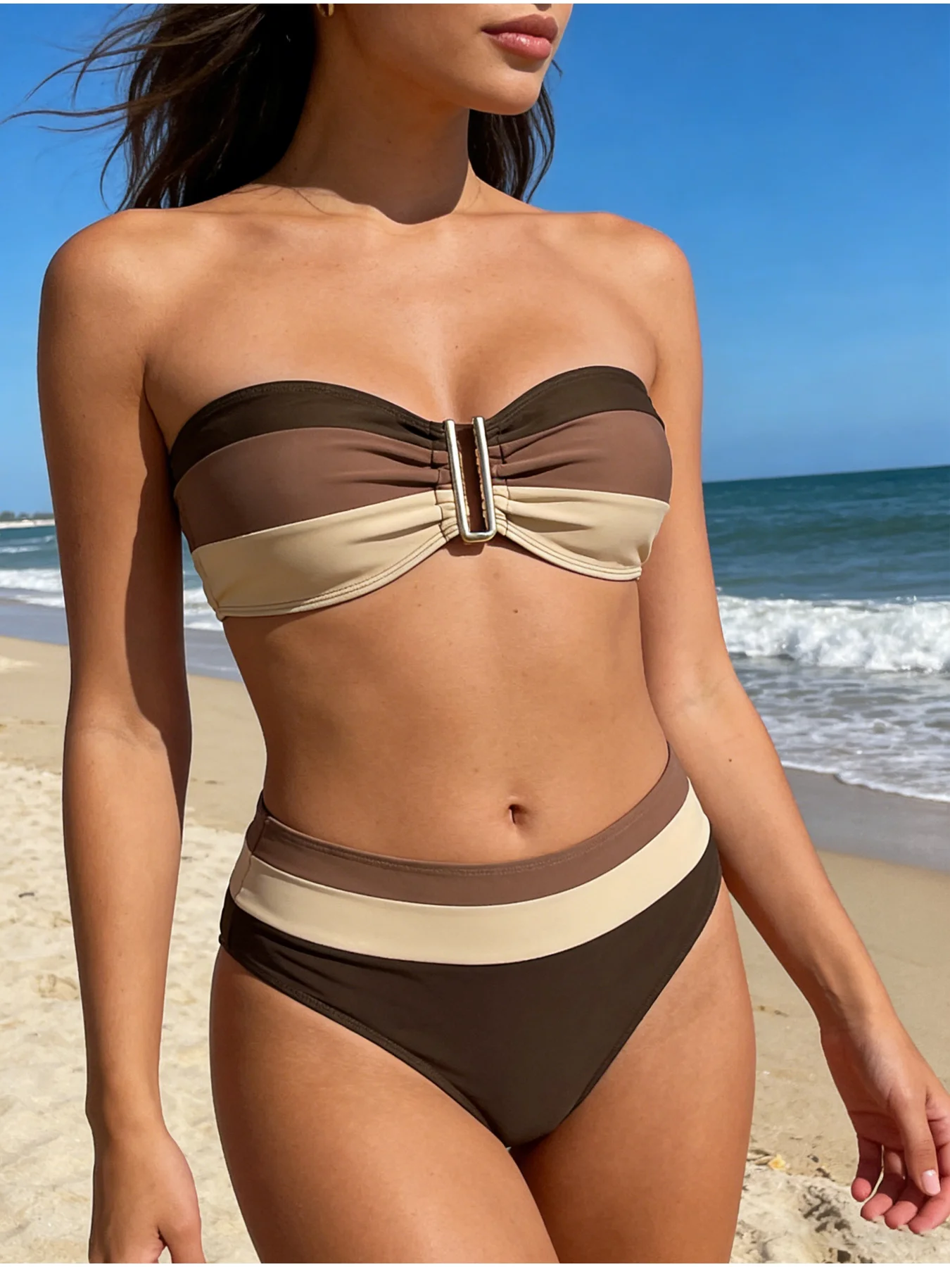 Women's Bandeau Bikini Set High Waisted Tummy Control Swimsuit Strapless Top with Gold Metal Buckle Detail Full Coverage Bottom Two Piece Bathing Suit Beach Pool Party Summer Vacation
Women's Bandeau Bikini Set High Waisted Tummy Control Swimsuit Strapless Top with Gold Metal Buckle Detail Full Coverage Bottom Two Piece Bathing Suit Beach Pool Party Summer Vacation