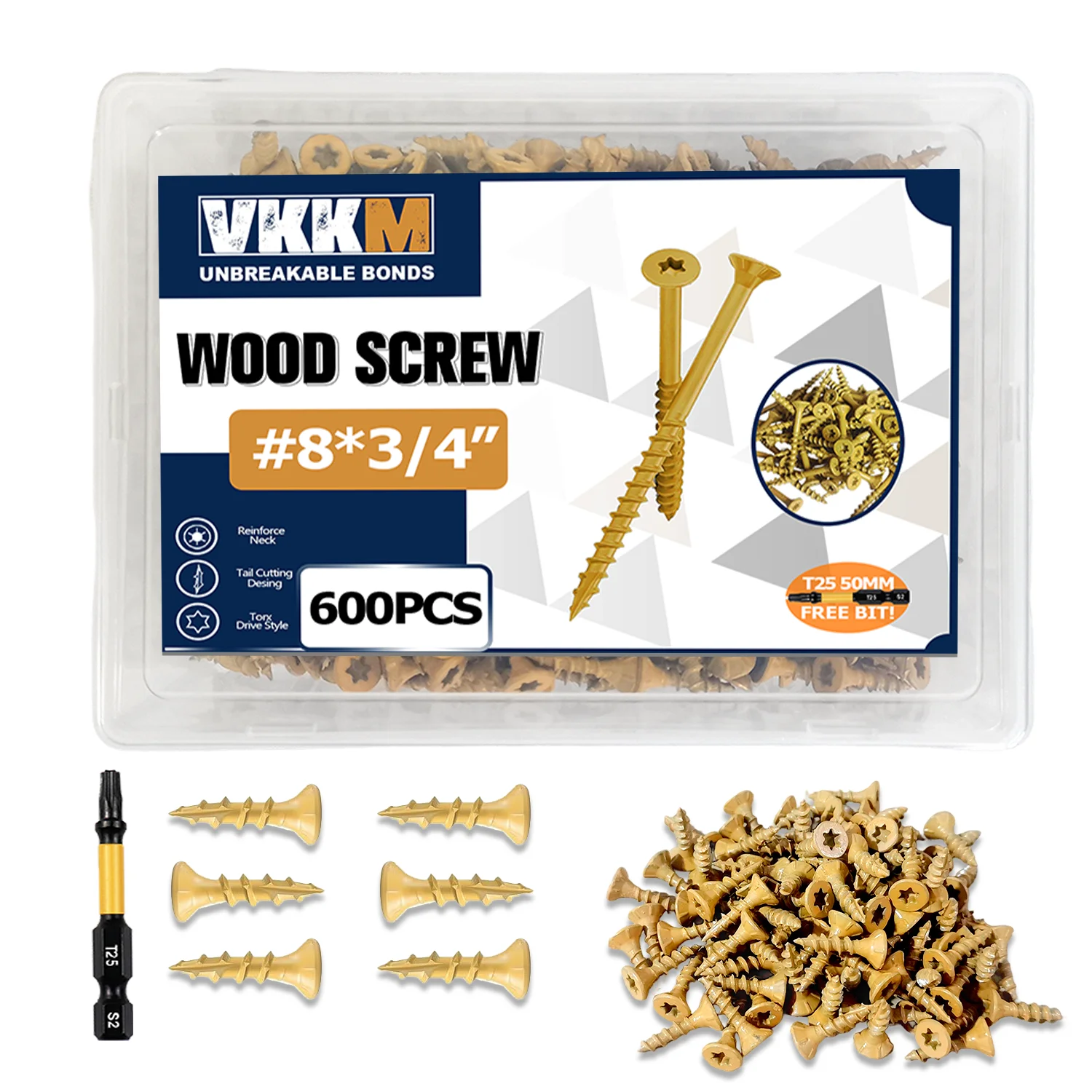 VKKM 600Pcs #8 x 3/4" Wood Screws Epoxy Coated, Rust Resistant, Self Tapping, High Strength with T25 Bit for Outdoor Decking
VKKM 600Pcs #8 x 3/4" Wood Screws Epoxy Coated, Rust Resistant, Self Tapping, High Strength with T25 Bit for Outdoor Decking