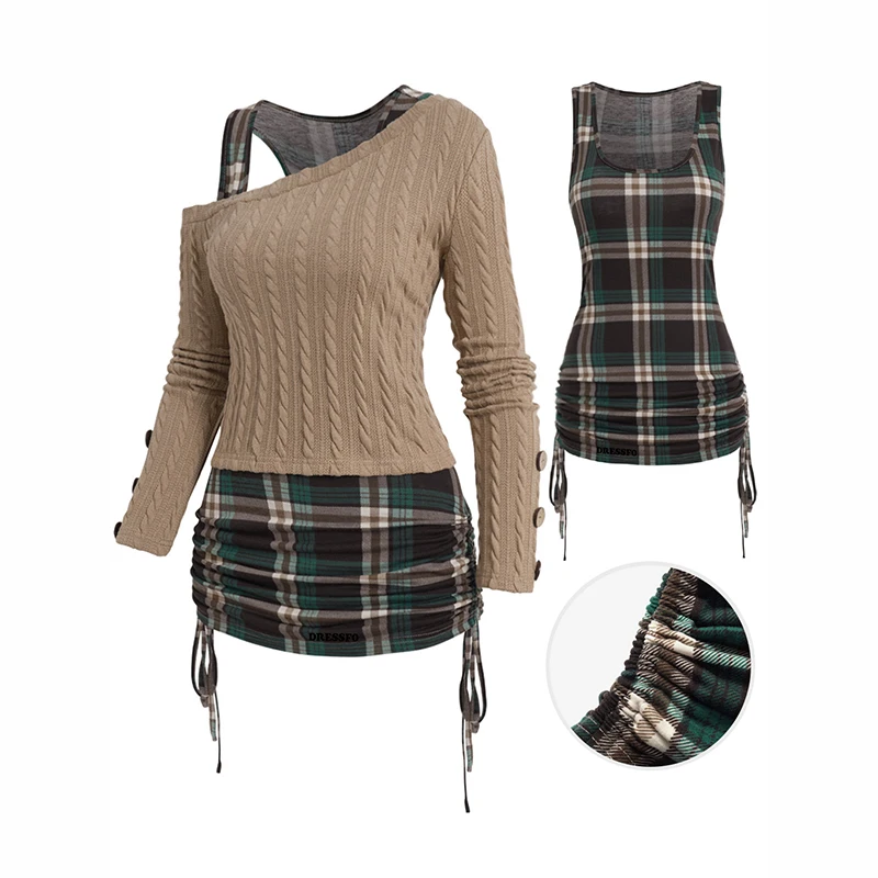 Dressfo 2024 Womens Skew Collar Mock Button Twist Cable Knit Top And Plaid Print Cinched Ruched Tank Top Two Piece Set
Dressfo 2024 Womens Skew Collar Mock Button Twist Cable Knit Top And Plaid Print Cinched Ruched Tank Top Two Piece Set