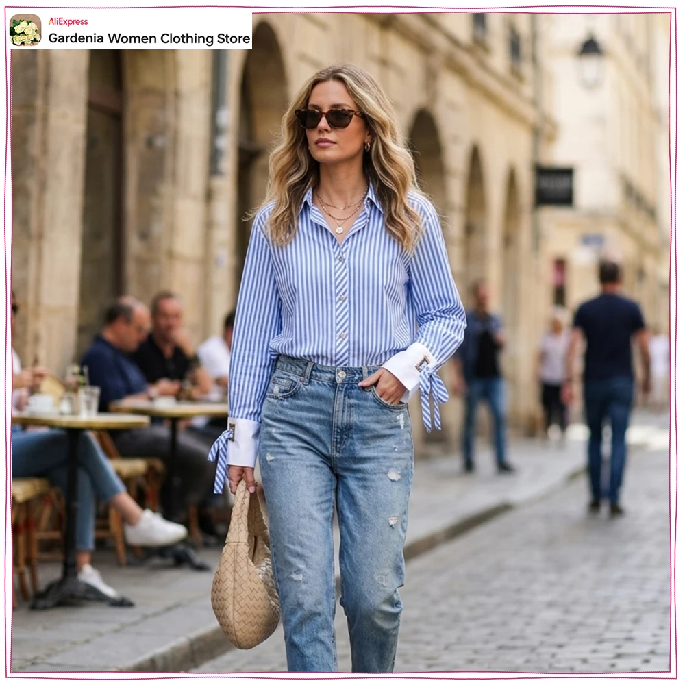 Aesthetic Women Bow Trim Striped Shirts with Gold Buttons New in Spring & Autumn Casual Long Sleeve Shirts with Adjustable Cuffs
Aesthetic Women Bow Trim Striped Shirts with Gold Buttons New in Spring & Autumn Casual Long Sleeve Shirts with Adjustable Cuffs