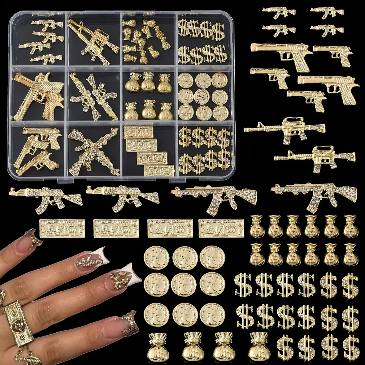 "63pcs 12 Grids Box Set nail tech must haves New Stylish Nail Art Jewelry Decor, Gold Gun & Wallet Metal Accessories Supplies "
"63pcs 12 Grids Box Set nail tech must haves New Stylish Nail Art Jewelry Decor, Gold Gun & Wallet Metal Accessories Supplies "