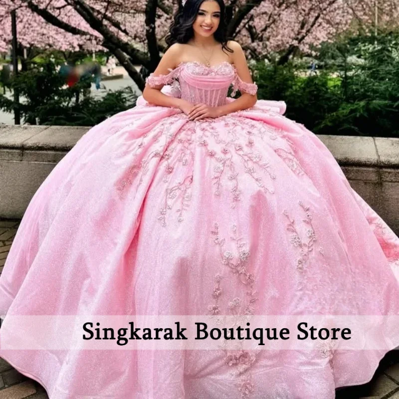 Customized Shiny Pink Quinceanera Dresses Off the Shoulder sequin applique crystal Long tail Bow Vestido 15 Quinceanera 
Customized Shiny Pink Quinceanera Dresses Off the Shoulder sequin applique crystal Long tail Bow Vestido 15 Quinceanera
