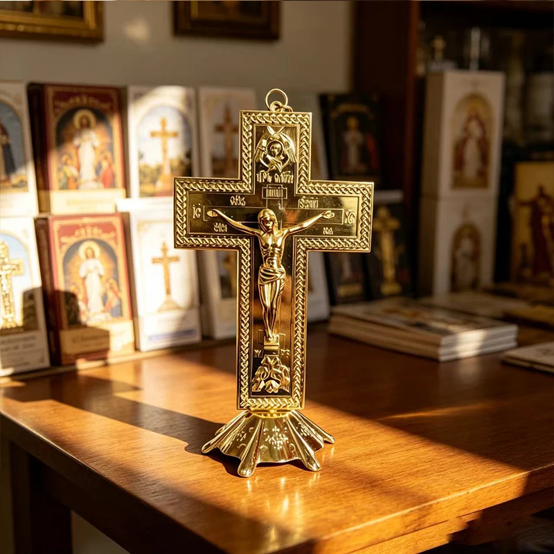 Gold Plated Orthodox Standing Crucifix with Jesus Figure and Engraved Details for Christian Home Altar Prayer and Religious Deco
Gold Plated Orthodox Standing Crucifix with Jesus Figure and Engraved Details for Christian Home Altar Prayer and Religious Deco