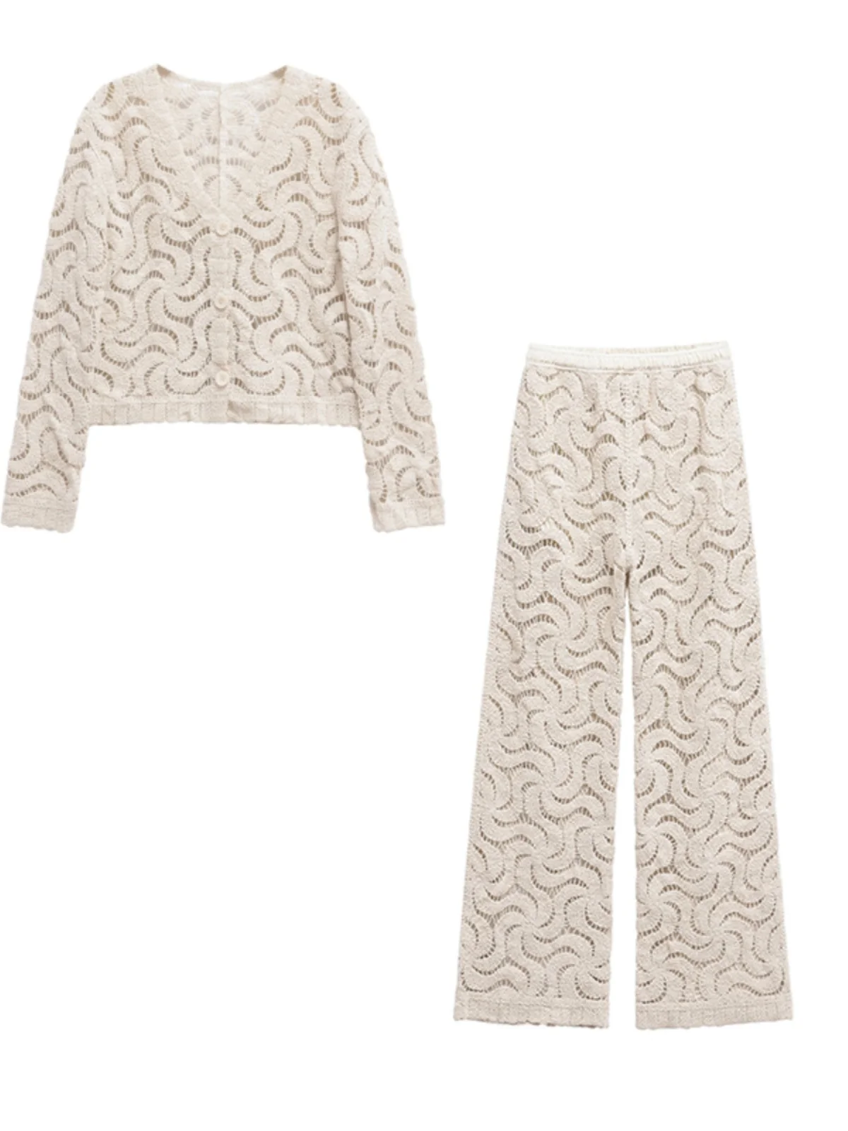 Spring 2025 Women's Knitted Hollow out 3D Crochet Set Long Sleeve V-Neck Button Closure Cotton Long Pants Fashion Set
Spring 2025 Women's Knitted Hollow out 3D Crochet Set Long Sleeve V-Neck Button Closure Cotton Long Pants Fashion Set
