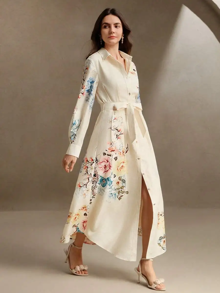 Cream Floral Print Shirt Dress With Long Sleeves, Linen-Like Feel, Front Buttons, Self-Tie Belt And High Side Split For Spring
Cream Floral Print Shirt Dress With Long Sleeves, Linen-Like Feel, Front Buttons, Self-Tie Belt And High Side Split For Spring