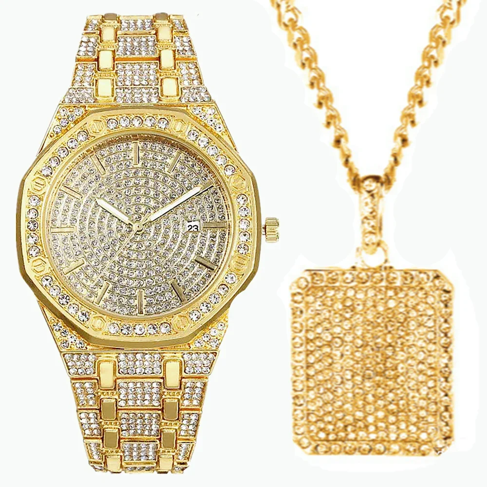 Iced Out Watch Necklace for Men 2pcs Luxury Diamond Watch Men Bling Fashion Hip Hop Jewelry Set Mens Gold Watch Calendar Relogio
Iced Out Watch Necklace for Men 2pcs Luxury Diamond Watch Men Bling Fashion Hip Hop Jewelry Set Mens Gold Watch Calendar Relogio