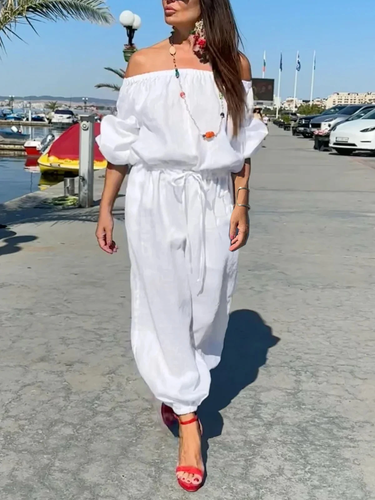 Solid Color Off Shoulder Jumpsuit, Casual Puff Sleeve Cinched Waist Jumpsuit For Spring & Fall, Women's Clothing
Solid Color Off Shoulder Jumpsuit, Casual Puff Sleeve Cinched Waist Jumpsuit For Spring & Fall, Women's Clothing