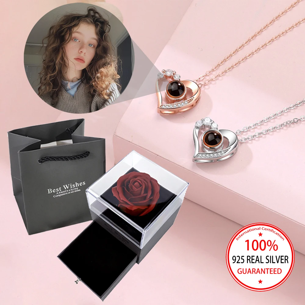 Ожерелье в форме сердца из стерлингового серебра 925 пробы на заказ с разноцветной розой, подарочная коробка, романтические аксессуары на День святого Валентина
Ожерелье в форме сердца из стерлингового серебра 925 пробы на заказ с разноцветной розой, подарочная коробка, романтические аксессуары на День святого Валентина