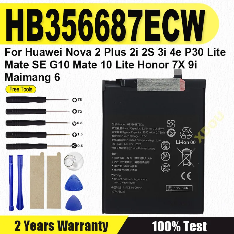 HB356687ECW Battery For Huawei Nova 2 Plus 2i 2S 3i 4e P30 Lite Mate SE G10 Mate 10 Lite Honor 7X 9i Maimang 6 Batteries +Tools
HB356687ECW Battery For Huawei Nova 2 Plus 2i 2S 3i 4e P30 Lite Mate SE G10 Mate 10 Lite Honor 7X 9i Maimang 6 Batteries +Tools