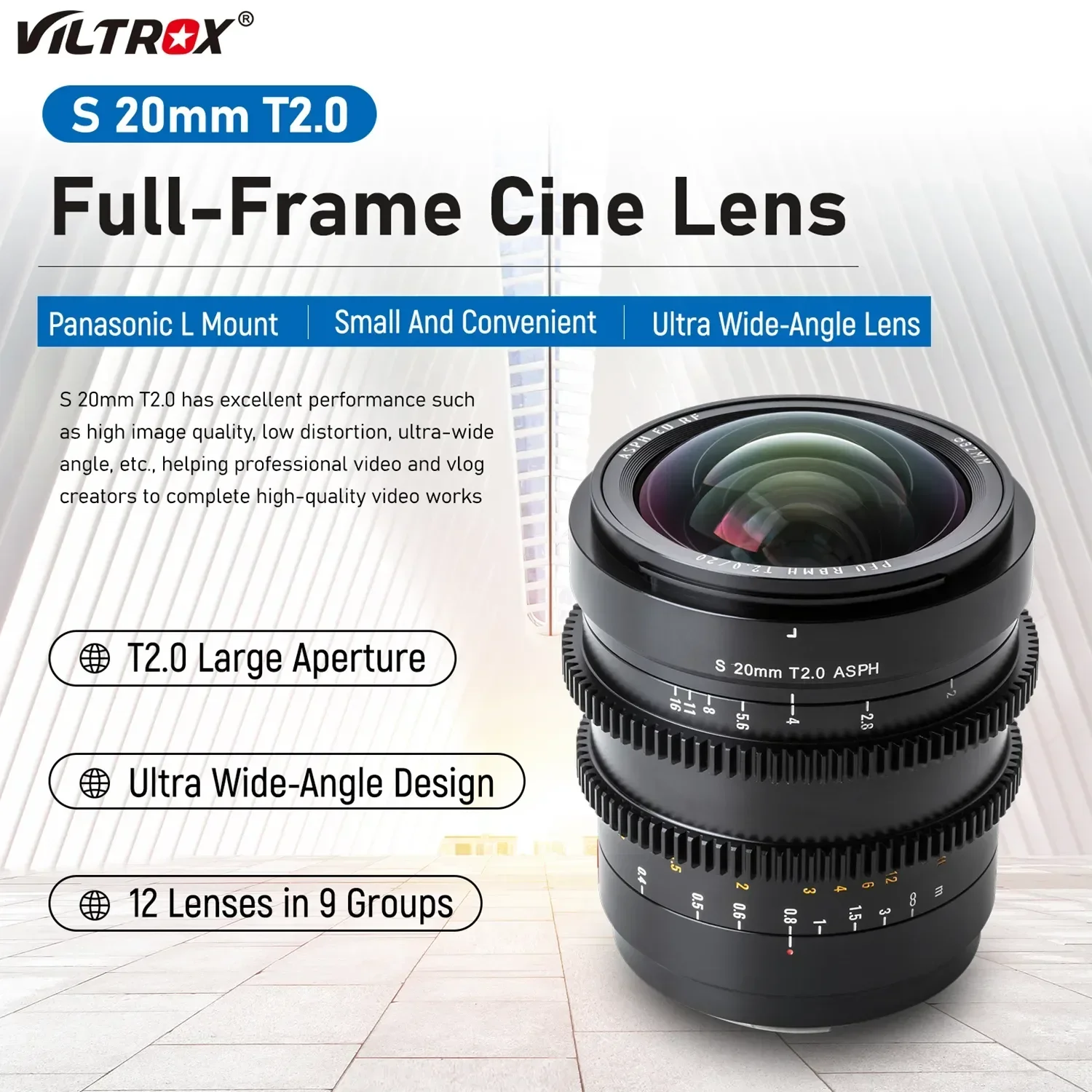 Viltrox 20mm T2.0 L Mount Cinematic Lens Wide Film Lens Full Frame Prime MF For Panasonic/Leica L-mount SL SL2 Lumix S1 S1R S1H
Viltrox 20mm T2.0 L Mount Cinematic Lens Wide Film Lens Full Frame Prime MF For Panasonic/Leica L-mount SL SL2 Lumix S1 S1R S1H