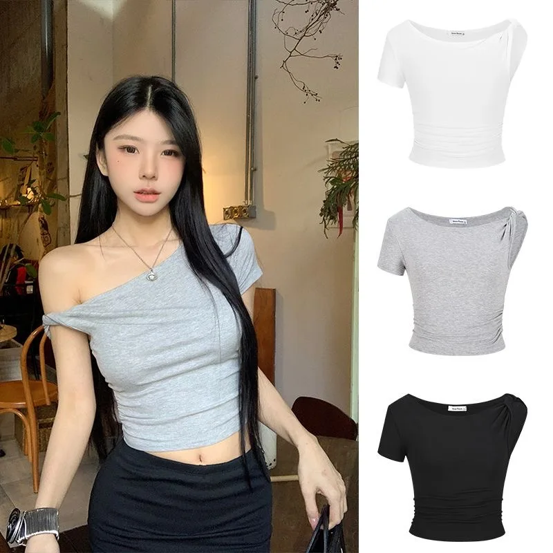 Asymmetric Off Shoulder Short Sleeve T-shirt Women's Summer Top Slanting Shoulder Pleated Slim Fit T-shirt Korean Style Clothes
Asymmetric Off Shoulder Short Sleeve T-shirt Women's Summer Top Slanting Shoulder Pleated Slim Fit T-shirt Korean Style Clothes