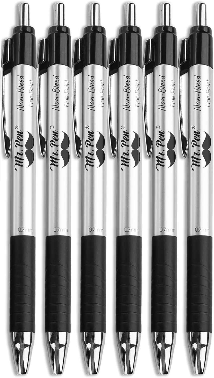 Retractable Fine Point Pens, 6 Pack, Black Ink, 0.7 mm, Smooth Writing, No Bleed, for Journaling, Note Taking
Retractable Fine Point Pens, 6 Pack, Black Ink, 0.7 mm, Smooth Writing, No Bleed, for Journaling, Note Taking
