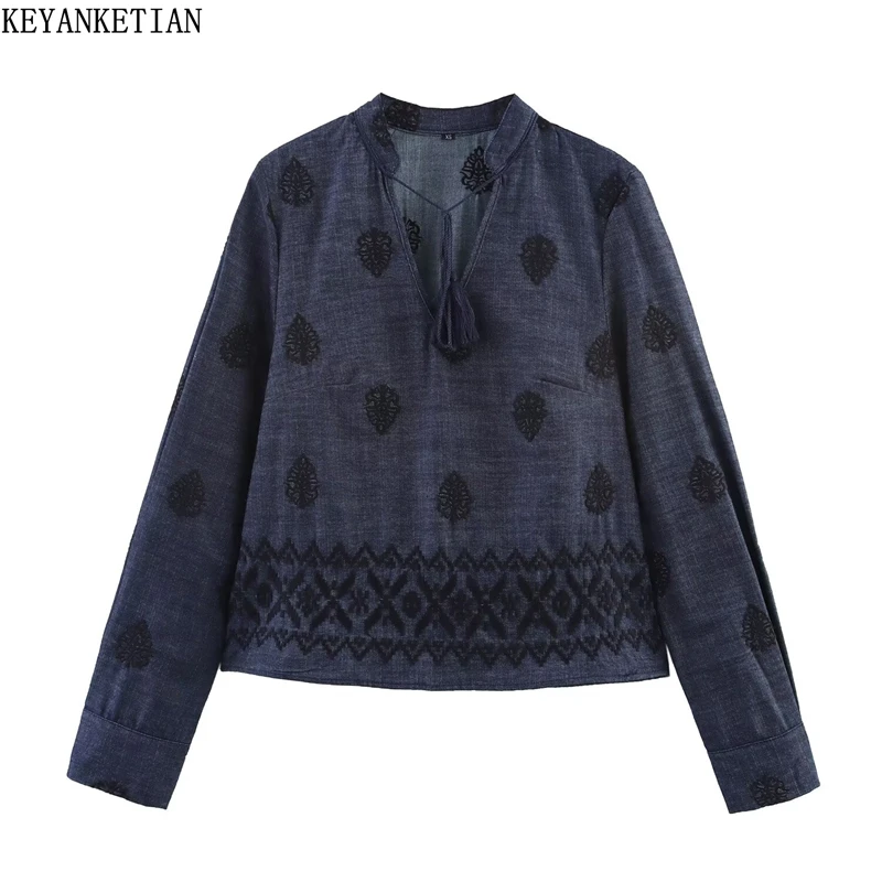 KEYANKETIAN Spring/Autumn New Retro style Tassel Lace Up Stand collar Embroidery Denim Shirt Women's Loose Pullover Blouses Top
KEYANKETIAN Spring/Autumn New Retro style Tassel Lace Up Stand collar Embroidery Denim Shirt Women's Loose Pullover Blouses Top