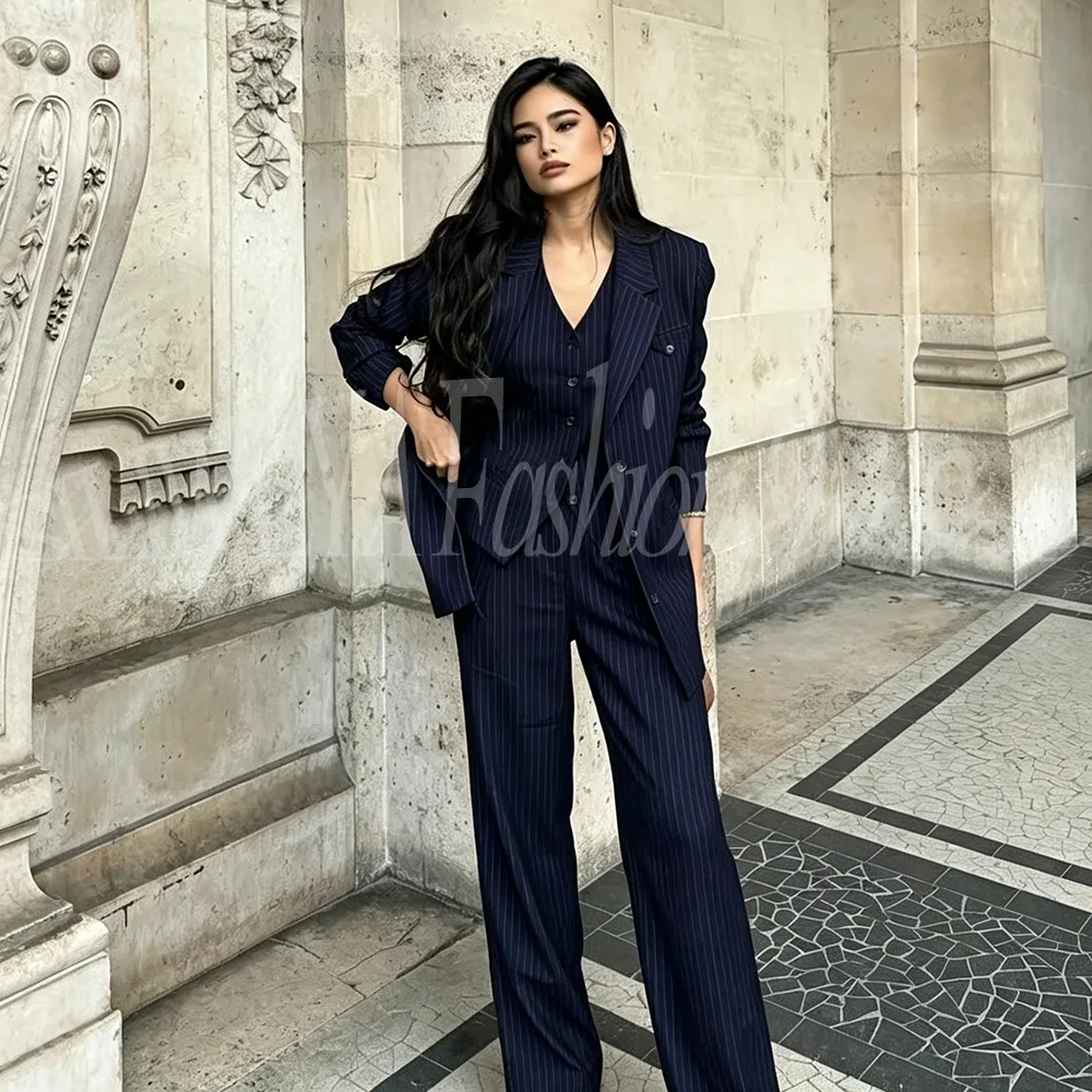 Navy Blue Pinstripe 3 Piece Suit for Women Blazer Vest Wide Leg Pants Formal Office Party Chic Outfits Conjuntos De Pantalones
Navy Blue Pinstripe 3 Piece Suit for Women Blazer Vest Wide Leg Pants Formal Office Party Chic Outfits Conjuntos De Pantalones