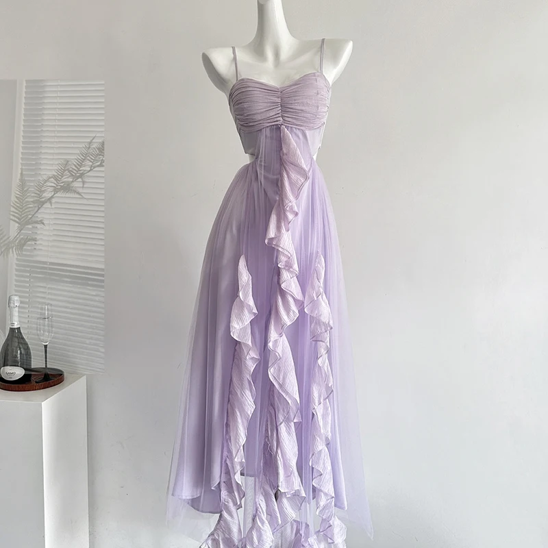 Mesh Spaghetti Strap Dress Women Sleeveless Ruffles Tank Sundress Fashion Purple Long Dress Evening Party Dress with Chest Pad
Mesh Spaghetti Strap Dress Women Sleeveless Ruffles Tank Sundress Fashion Purple Long Dress Evening Party Dress with Chest Pad