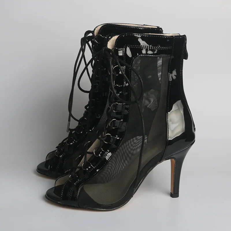 Venus lure Customized Heel Black Lace and Patent PU Dance Boots Rubber Sole Peep Toe Dance Heels with Back Zipper 8.5CM
Venus lure Customized Heel Black Lace and Patent PU Dance Boots Rubber Sole Peep Toe Dance Heels with Back Zipper 8.5CM
