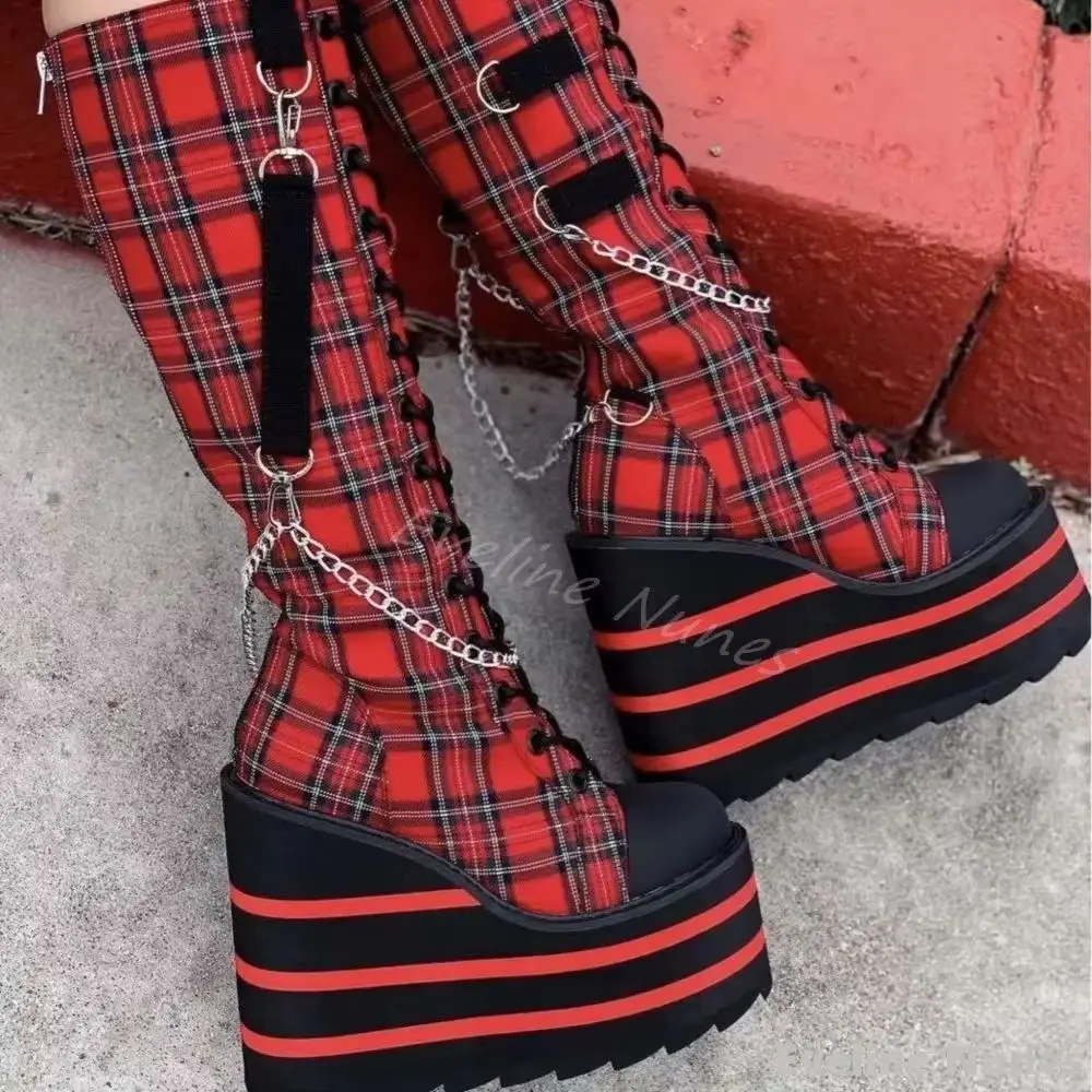 Canvas red Check Platform Knee high Boots Women Metal Chain Round Toe Wedges Cross Tied Lolita Heighten Shoes Lovely Sexy Boots
Canvas red Check Platform Knee high Boots Women Metal Chain Round Toe Wedges Cross Tied Lolita Heighten Shoes Lovely Sexy Boots